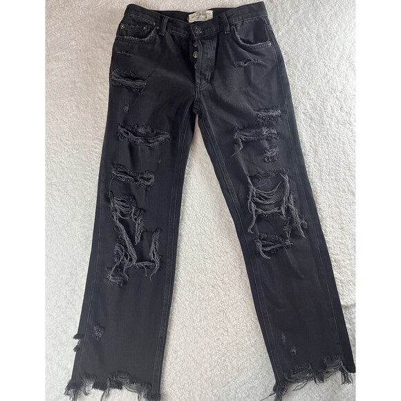 Free People We The Free Jeans Womens 25 Button Fly Straight Leg Distressed Black - Picture 1 of 16